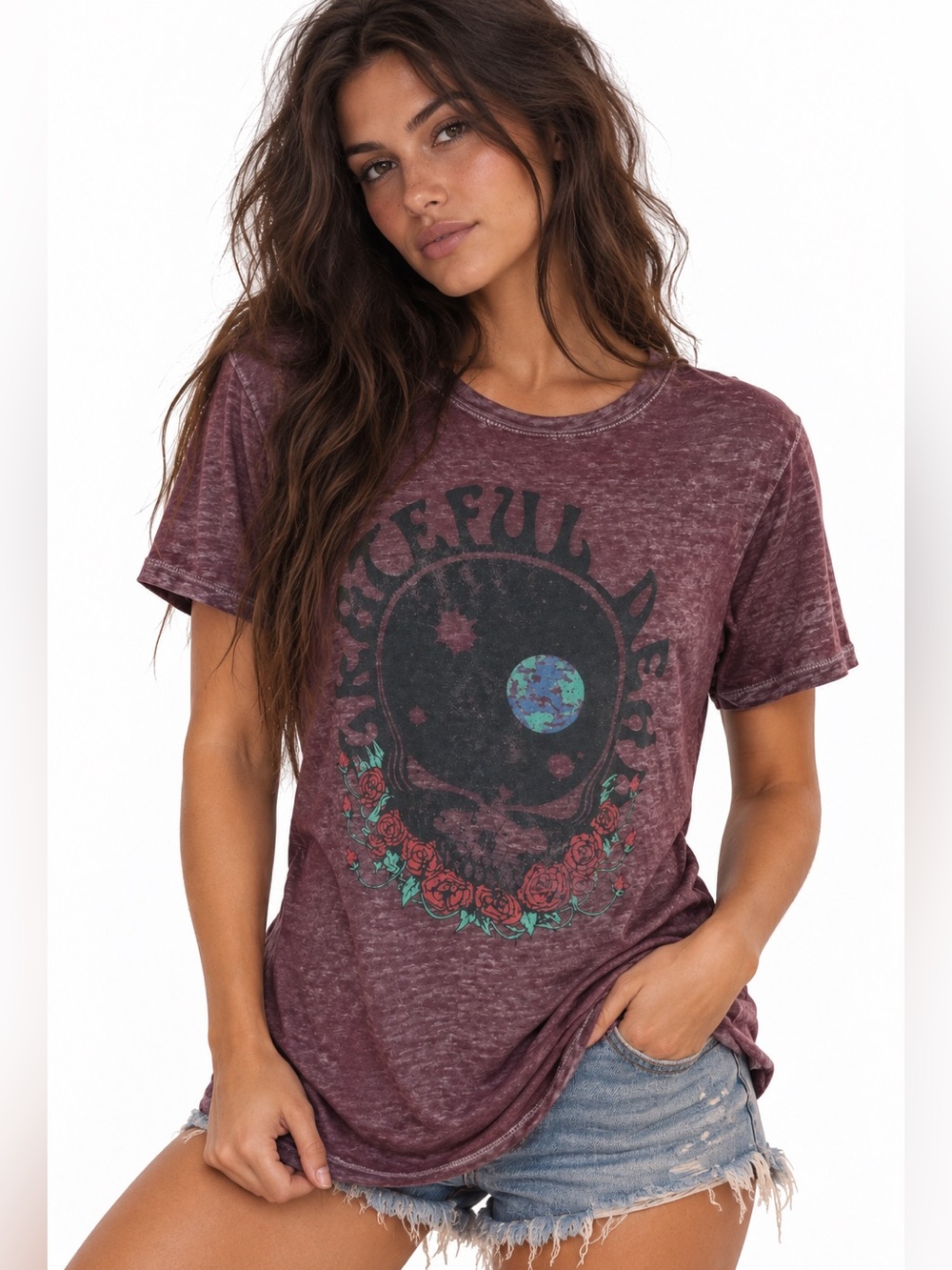 Grateful Dead Steal Your Face Roses Burnout T-Shirt Burgundy Hippie Jam Band Tee